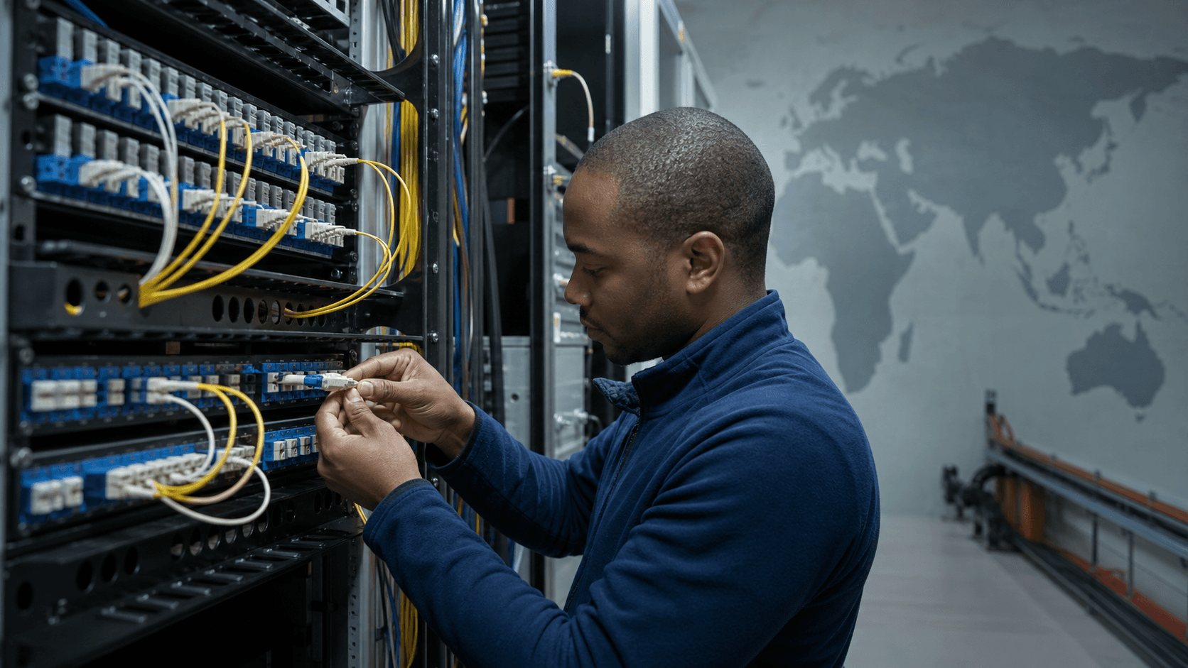 Illustrative fibre routes diverge from a powered network node across South African terrain.