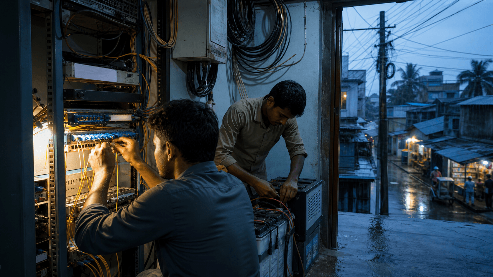 An unbranded field technician splices a neighbourhood fibre line beside a concrete utility pole on a mixed residential and workshop street in Narayanganj.