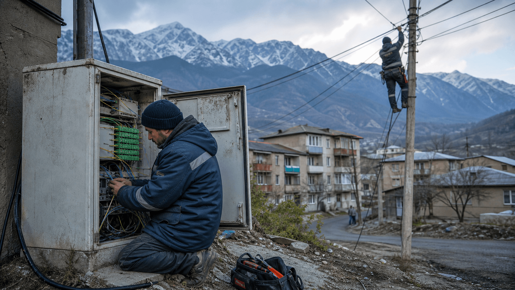 Technician servicing a small local internet access cabinet on a Mineralnye Vody street, with cable reels and backup power equipment nearby.