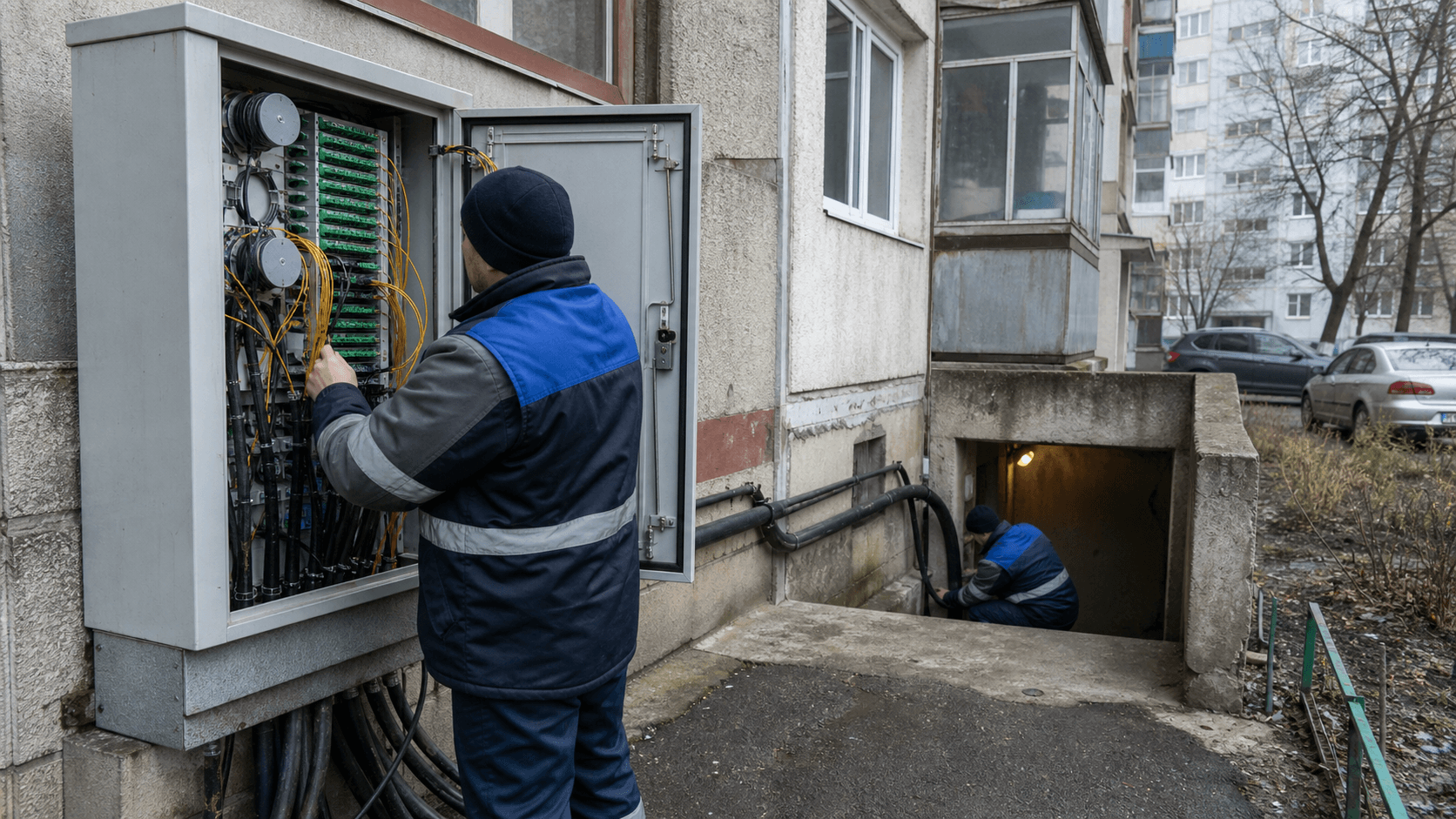 Technician checks fibre patching and an unbranded edge router in a Bucharest telecom equipment room.