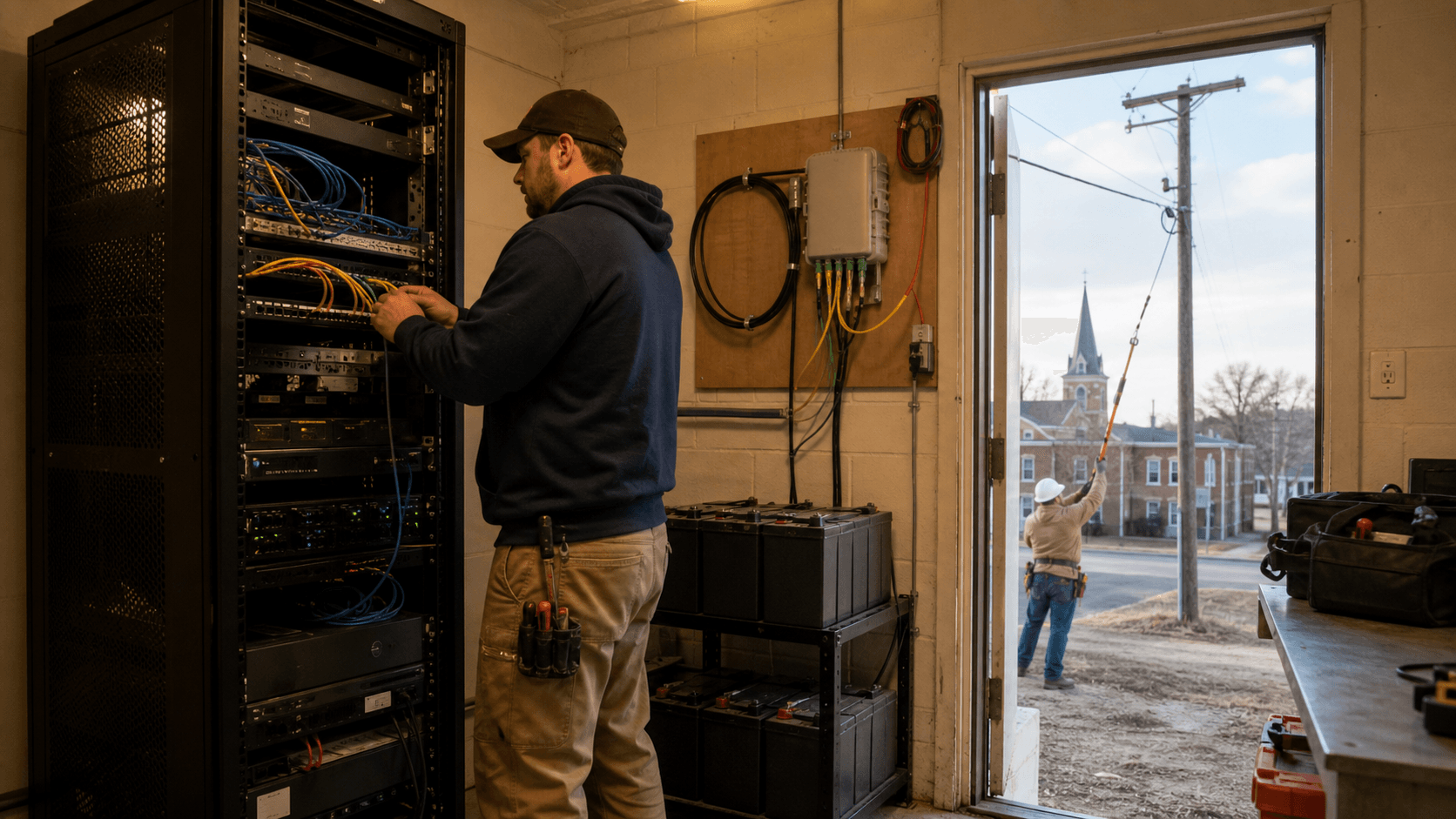 Server racks, fibre patch panels and power equipment inside a small Reno datacenter, representing TSIS-LLC - Top Speed Internet Service's routed hosting infrastructure.