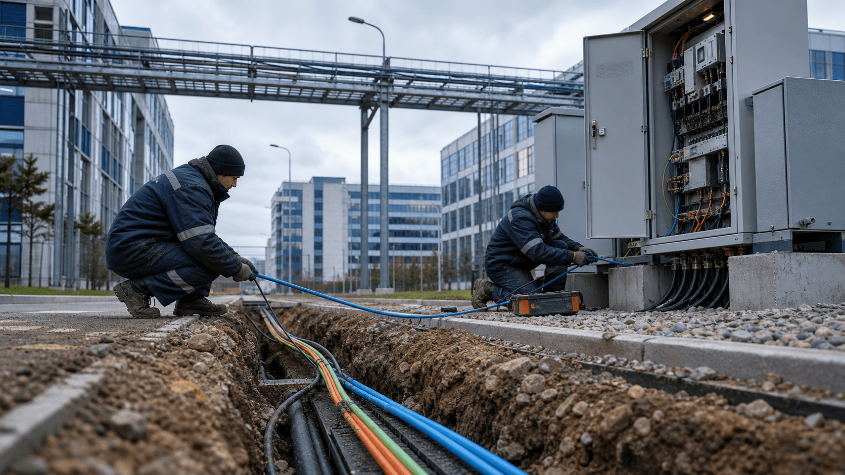 Technician checks fibre patching in an unbranded outdoor access cabinet beside a Kostroma office building.