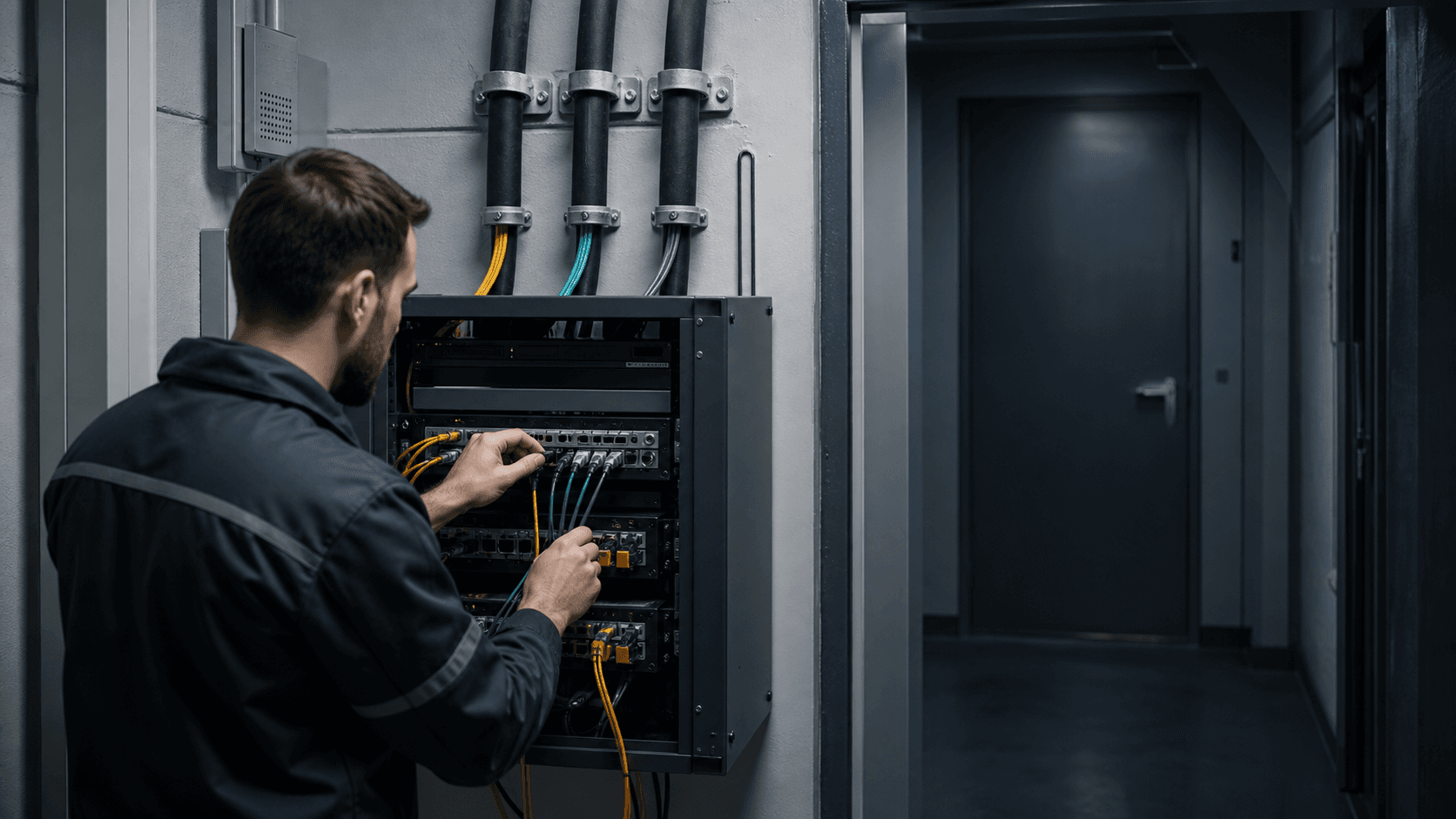 A telecom engineer checks a compact routing rack where several fibre handoffs converge in a Saint Petersburg equipment room.