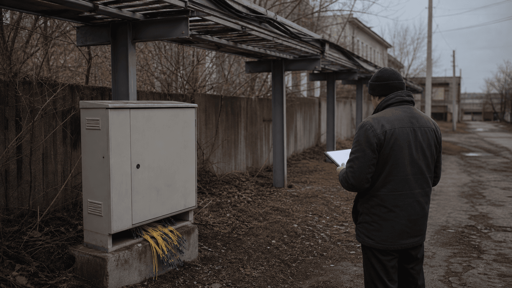 A technician inspects unbranded rooftop wireless equipment above low-rise buildings in Horlivka, with utility lines and an industrial headframe in the distance.