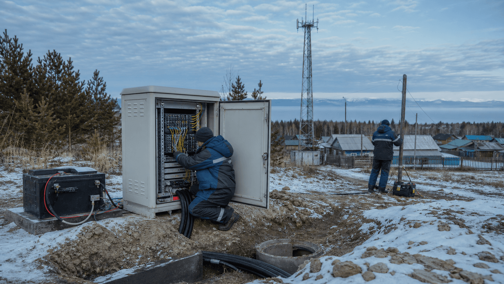 A field technician works on a roadside fibre closure serving private homes outside Irkutsk, with a small legacy wireless site in the distance.