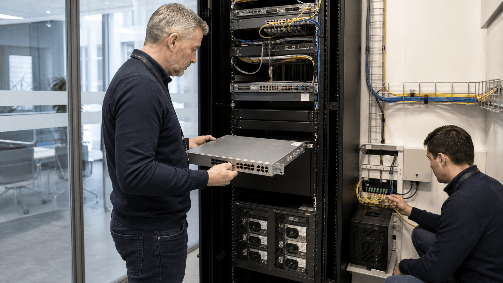Two enterprise network engineers retire a compact border router and inspect fibre handoffs and backup power in a London research-office telecom room.