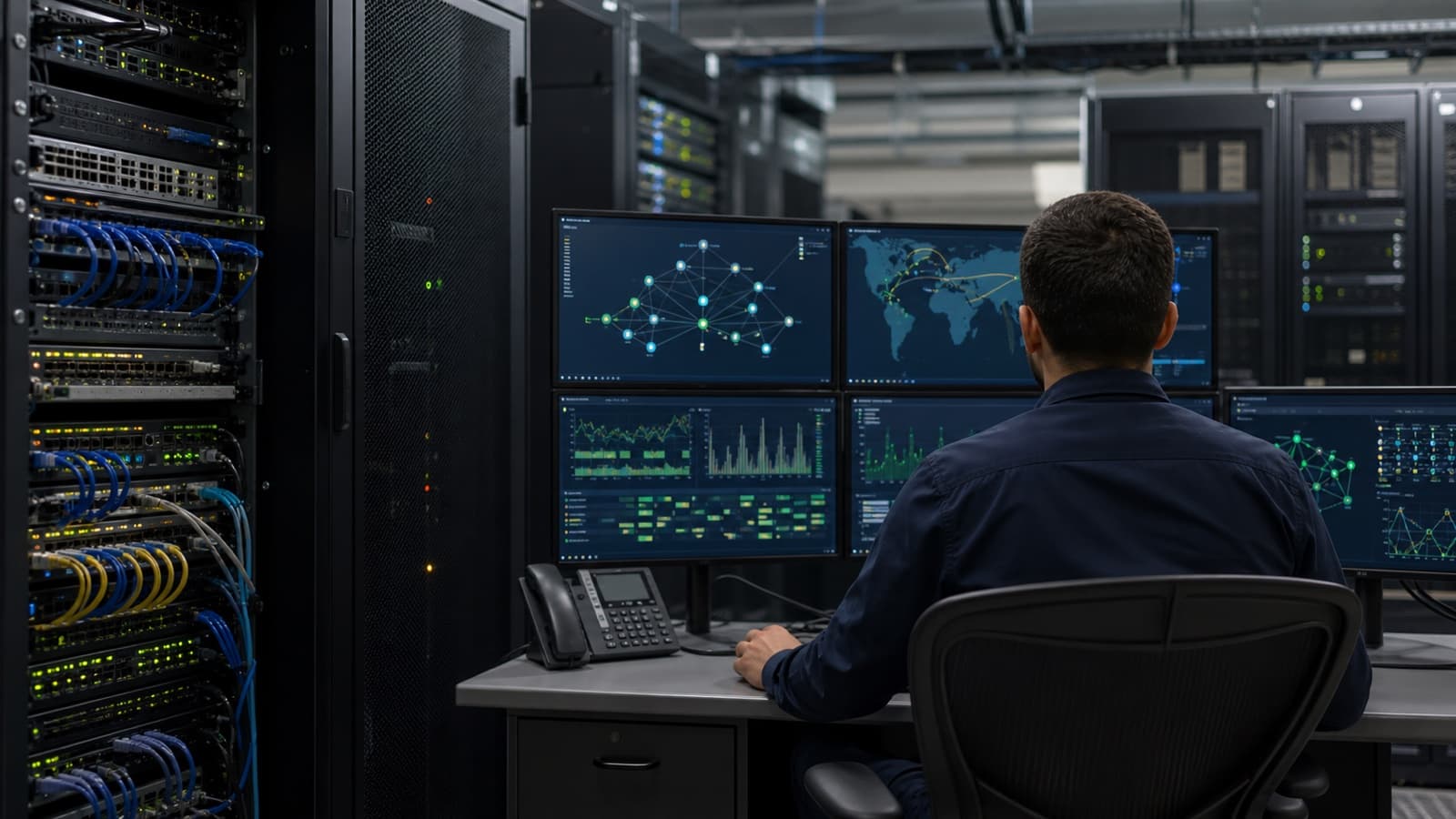 An engineer monitors abstract network status displays beside server racks.