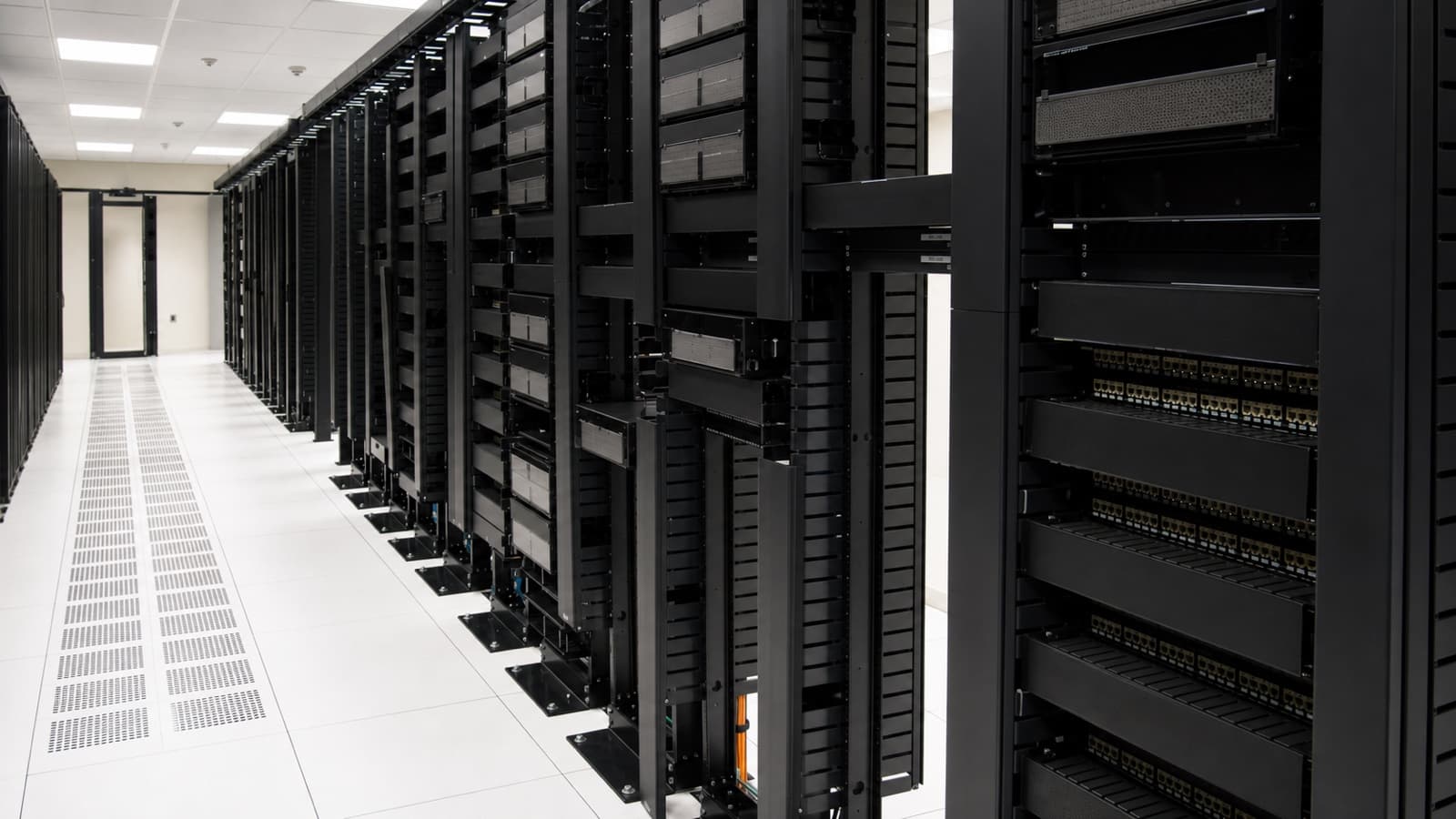 Generic unbranded network equipment aisle used as neutral infrastructure context