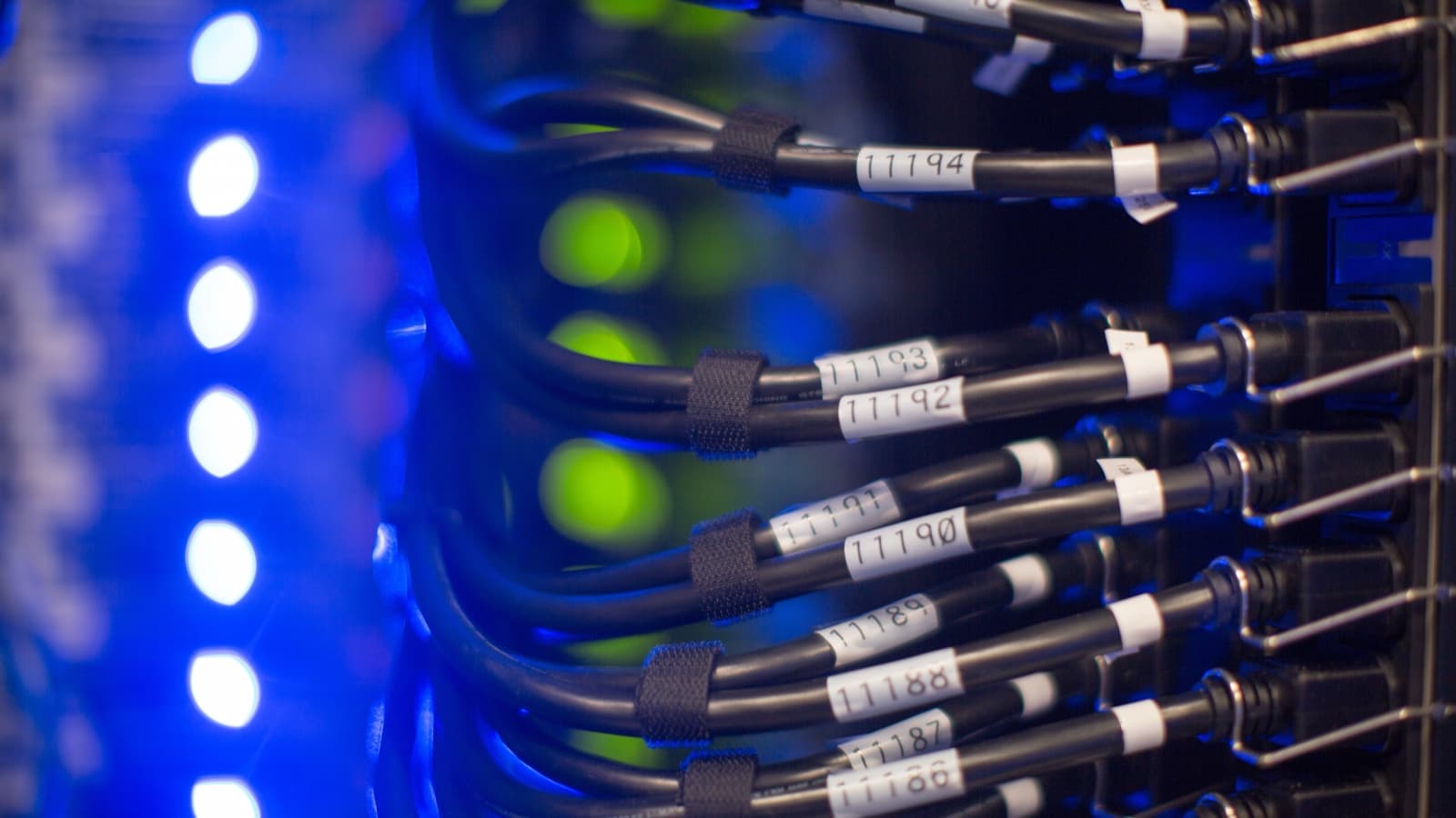 Generic network cables and status lights on server equipment in a data center.