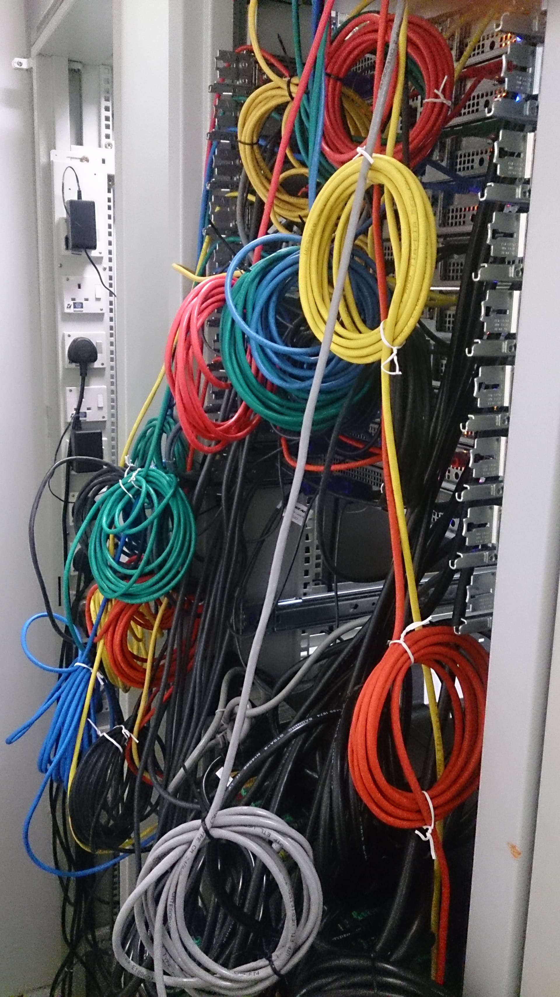 Bundled network cables and rack-mounted equipment in a generic server room.