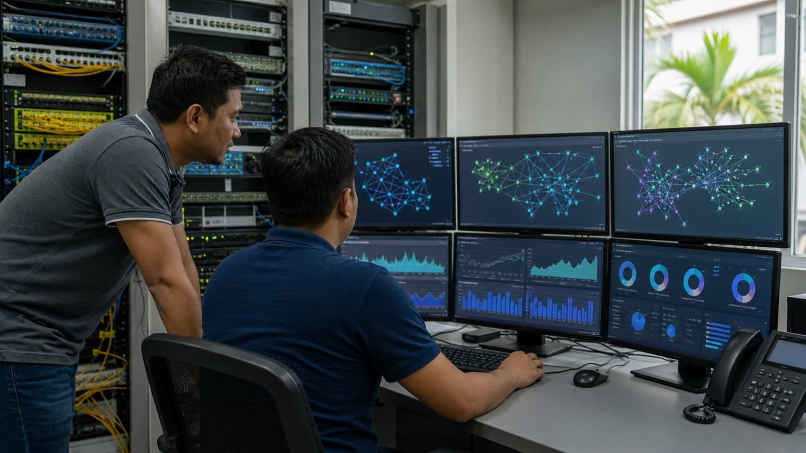 Two network operations staff reviewing abstract routing dashboards beside equipment racks.