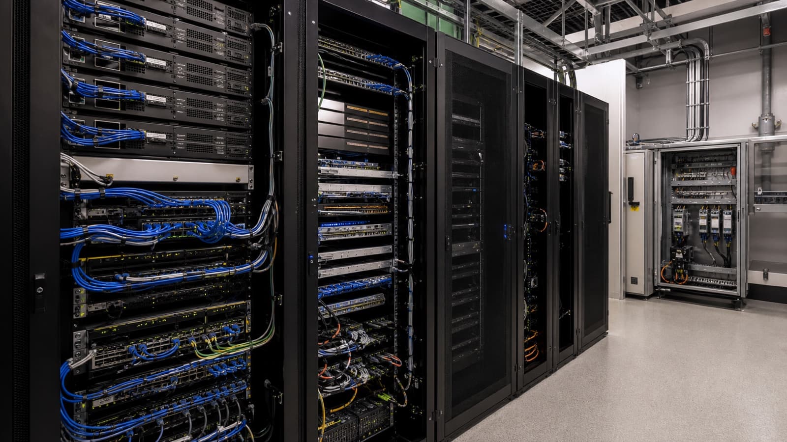 A generic industrial network room with server racks, structured cabling, and an adjacent control cabinet.