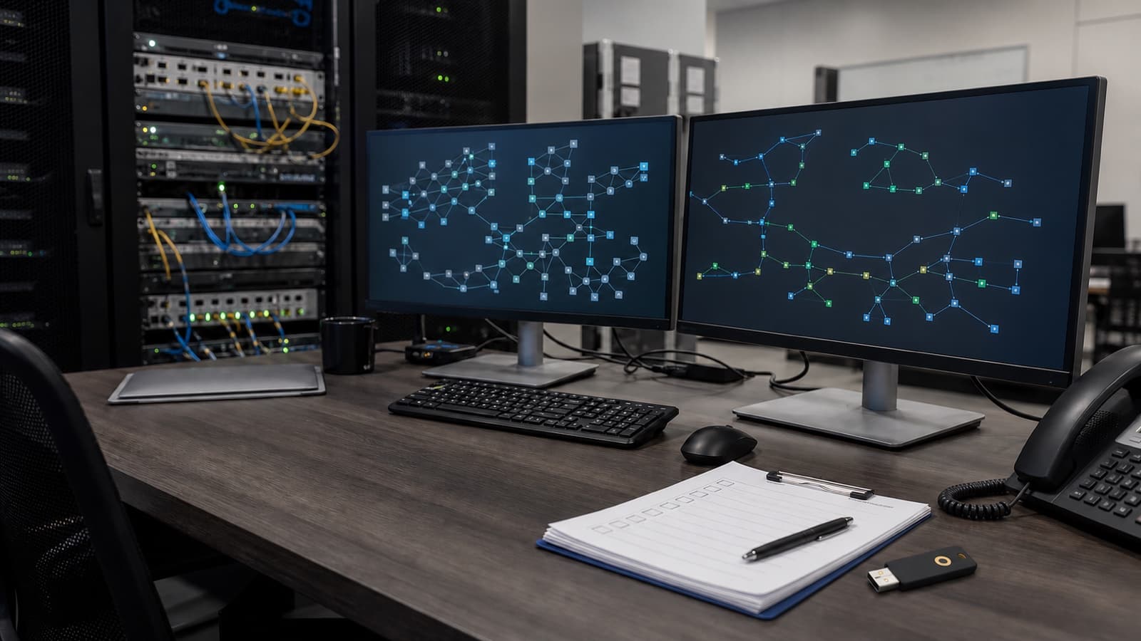 Generic registry operations desk with unbranded network racks and abstract topology screens