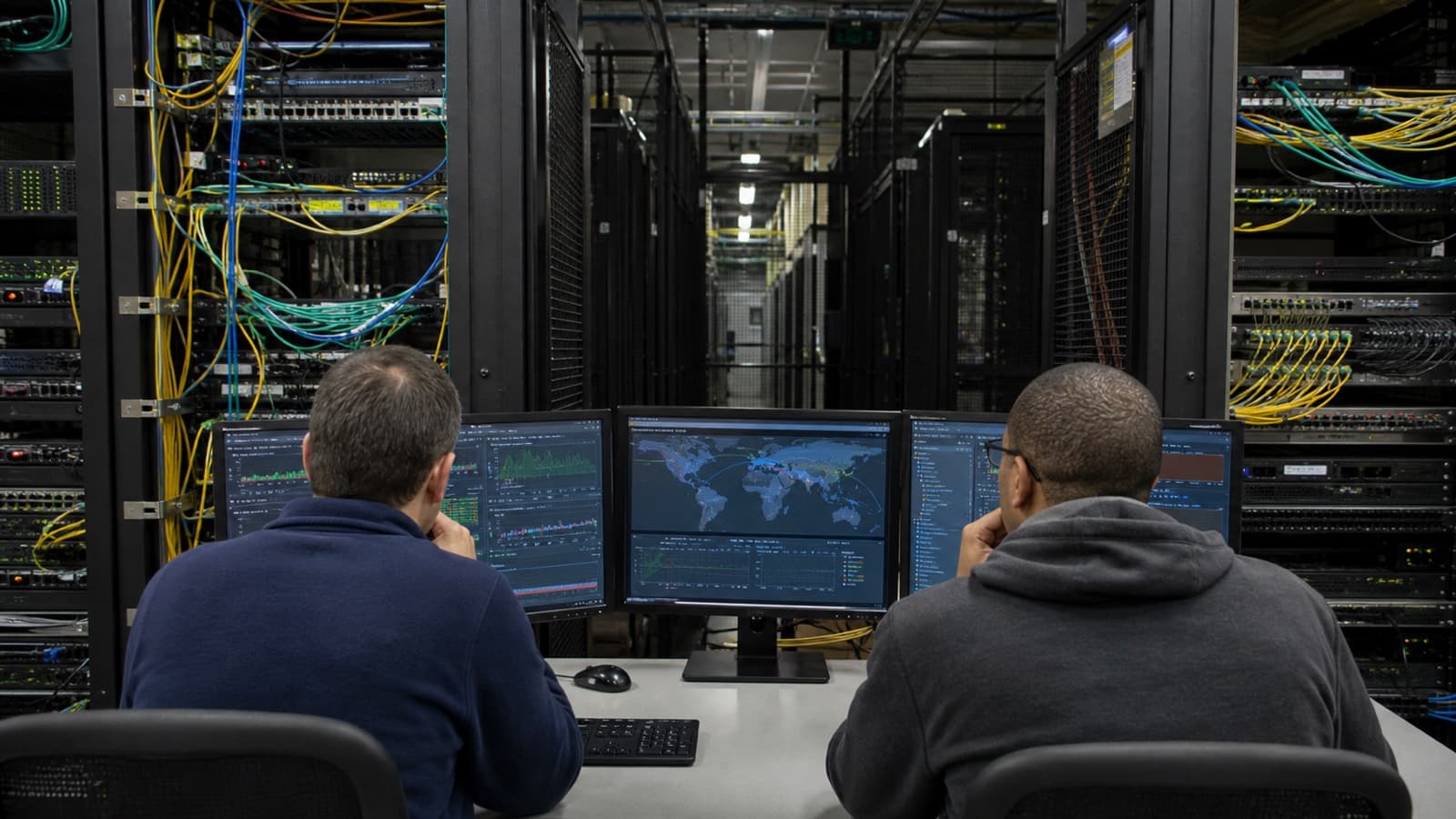 Editorial illustration of two network operators reviewing telemetry beside server and network racks.