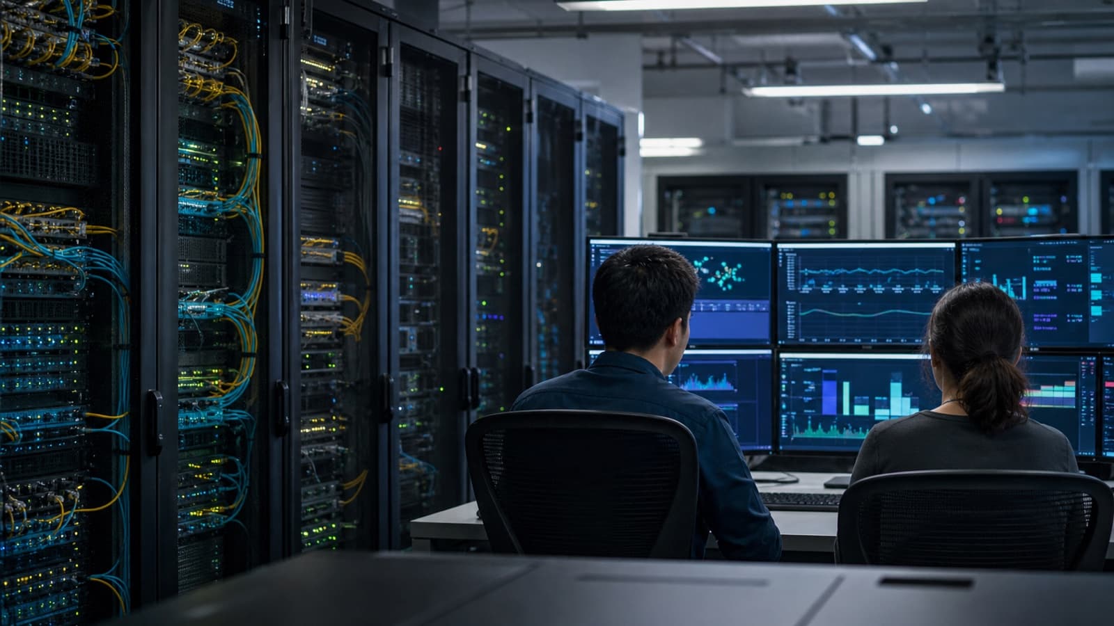 Two anonymous network operators review generic telemetry beside unbranded server and network racks.