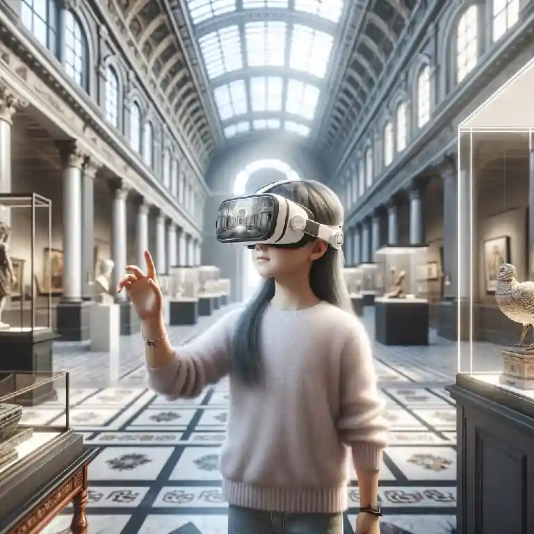A-girl-with-VR-glasses-touches-something-while-standing-in-a-museum.