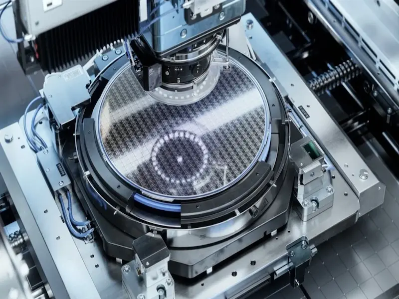 A depiction of photolithography processes in semiconductor chip production.