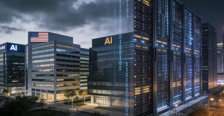 Abstract tech artwork depicting Nvidia’s caution about US falling behind China in global AI infrastructure and the broader implications for the AI race