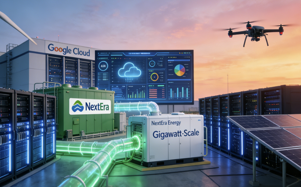 Infographic-style graphic outlining NextEra Energy and Google Cloud’s gigawatt-scale data centre partnership