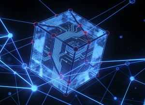 Abstract visual of interconnected global internet nodes balanced against a centralized governance hub